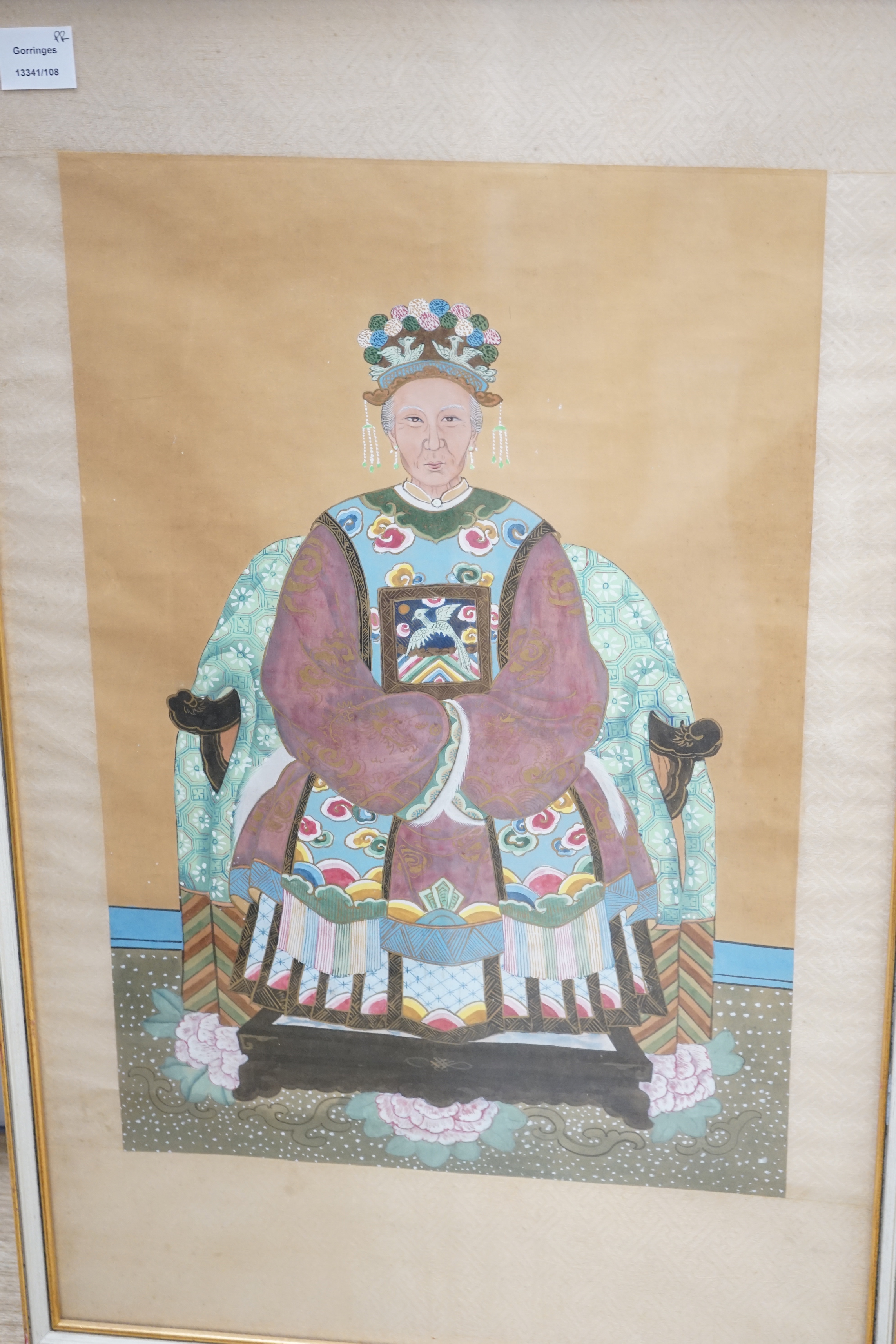 A pair of Chinese School watercolours on silk, Ancestral portraits, 60 x 39cm